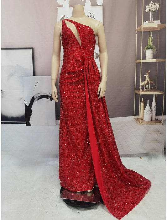 Evening Dress One Shoulder Sleeveless Court Train Sequined with Sequin Slit