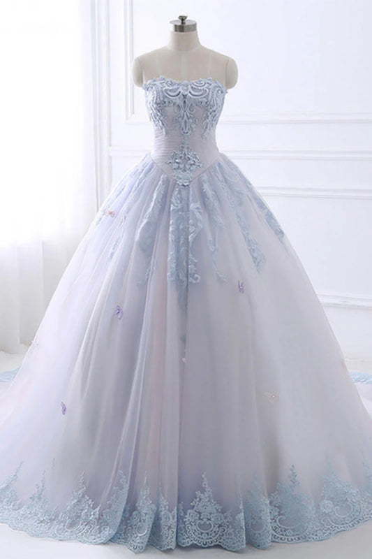 Light blue lace tulle long prom Wedding Dresses