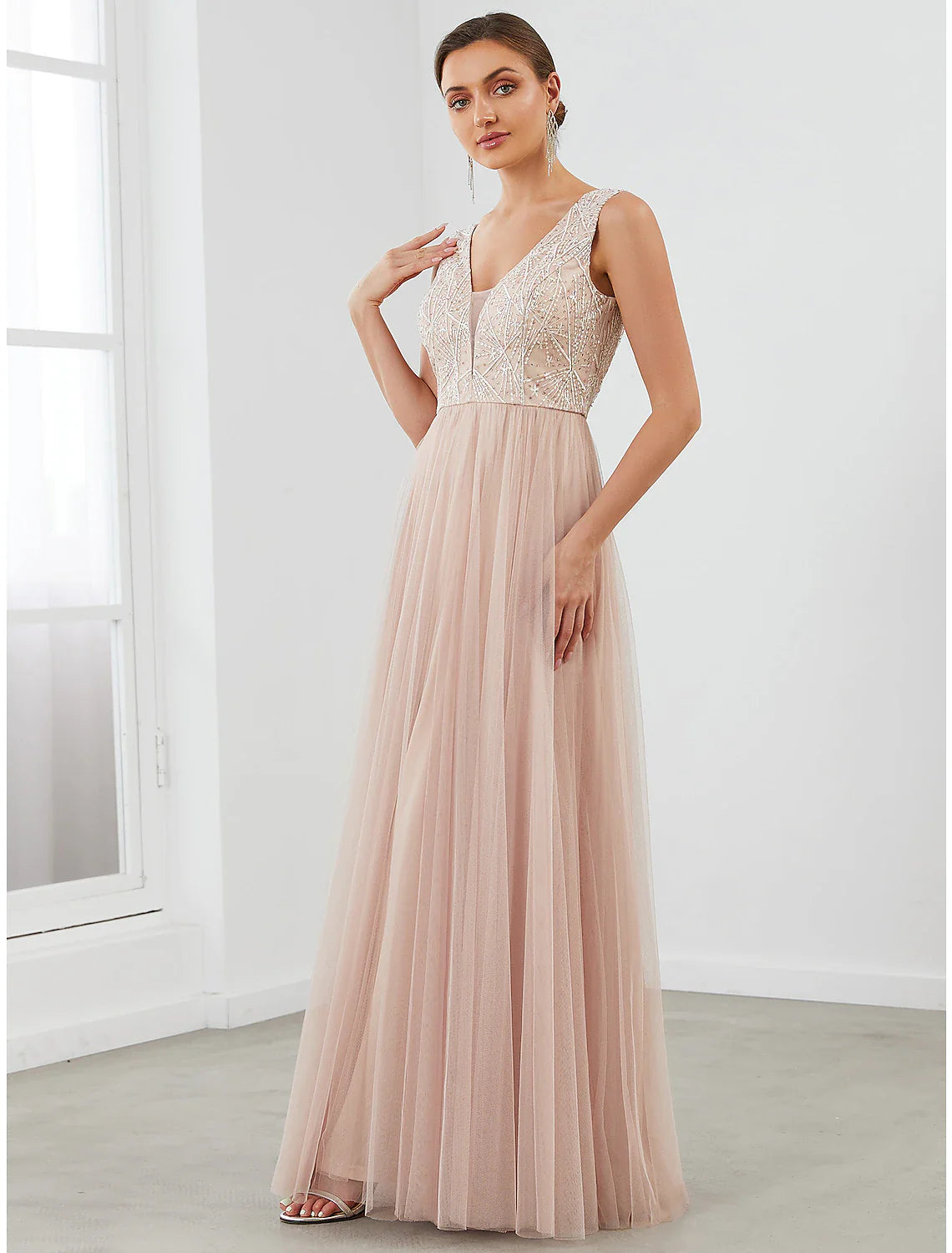 Evening Gown Elegant Dress Wedding Guest Floor Length Sleeveless V Neck Tulle V Back with Sequin Draping