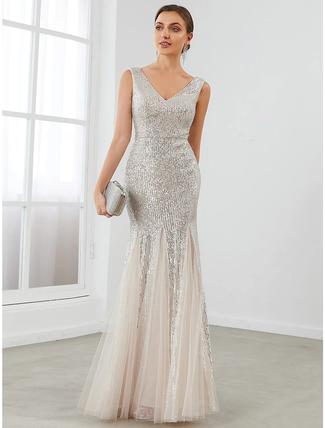 Evening Gown Elegant Dress Formal Evening Floor Length Sleeveless V Neck Sequined V Back with Sequin Pure Color