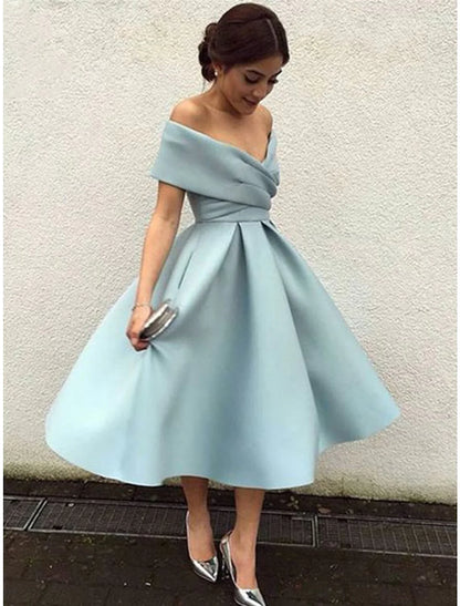 A-Line Cocktail Dresses Party Dress Homecoming Tea Length Short Sleeve V Neck Fabric V Back with Pleats