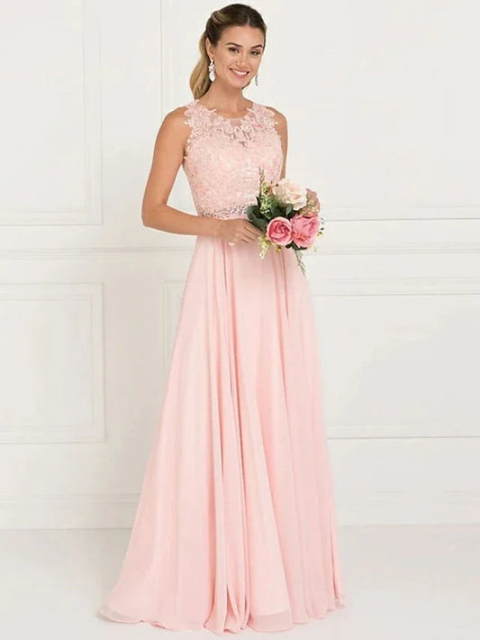 A-Line Bridesmaid Dress Jewel Neck Sleeveless Elegant Sweep / Brush Train Tulle