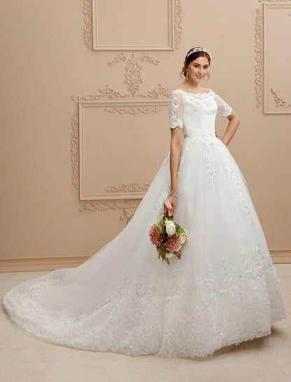 A-Line Bateau Neck Cathedral Train Lace / Tulle Made-To-Measure Wedding Dresses with Lace