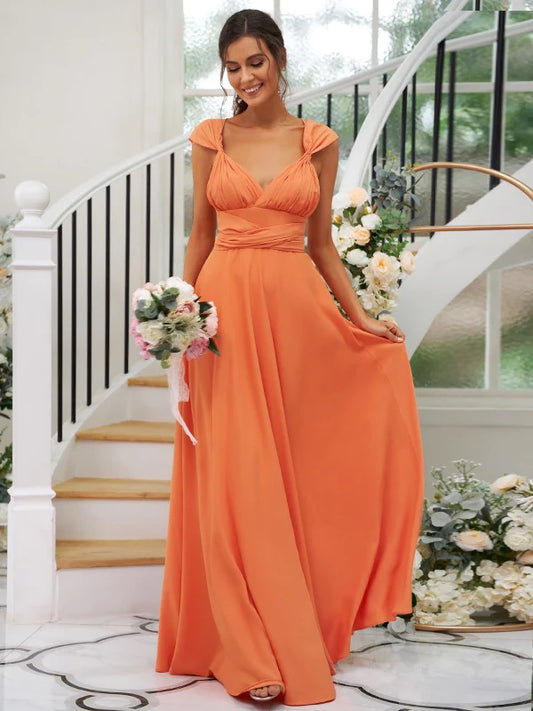 A-Line Princess Jersey Ruched V-neck Sleeveless Floor-Length Bridesmaid Dresses