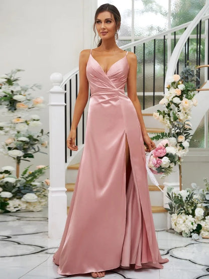 A-Line Princess Silk like Satin Ruched V-neck Sleeveless Floor-Length Bridesmaid Dresses