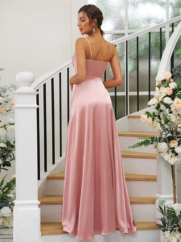 A-Line Princess Silk like Satin Ruched V-neck Sleeveless Floor-Length Bridesmaid Dresses