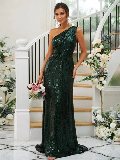 Sequins Ruched One-Shoulder Sleeveless Bridesmaid Dresses