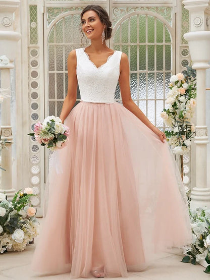 A-Line Princess Tulle Lace V-neck Sleeveless Floor-Length Bridesmaid Dresses