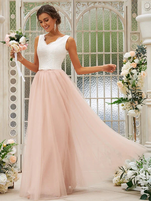 A-Line Princess Tulle Lace V-neck Sleeveless Floor-Length Bridesmaid Dresses