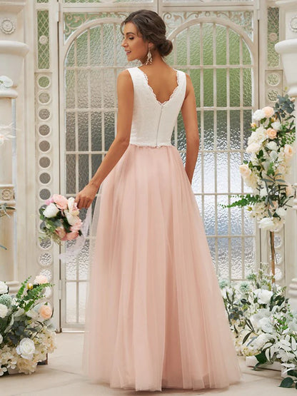 A-Line Princess Tulle Lace V-neck Sleeveless Floor-Length Bridesmaid Dresses