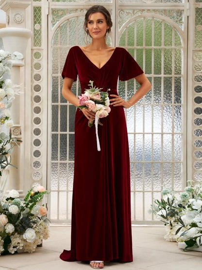 A-Line Princess Velvet Ruched V-neck Short Sleeves Bridesmaid Dresses