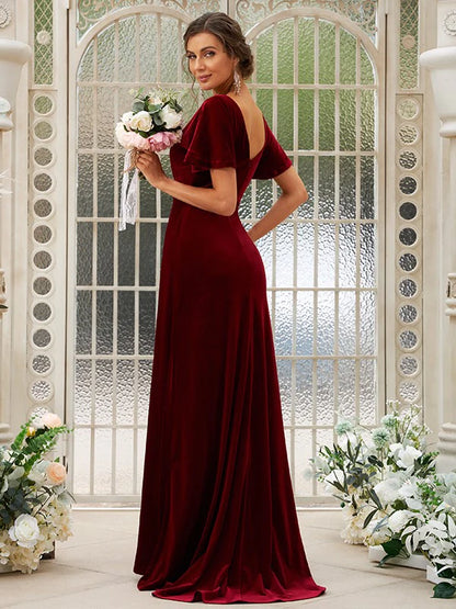 A-Line Princess Velvet Ruched V-neck Short Sleeves Bridesmaid Dresses