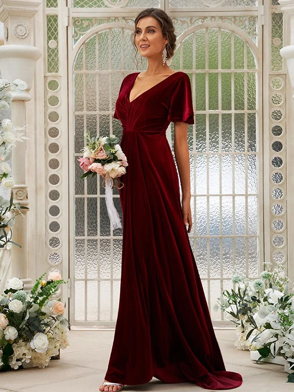 A-Line Princess Velvet Ruched V-neck Short Sleeves Bridesmaid Dresses