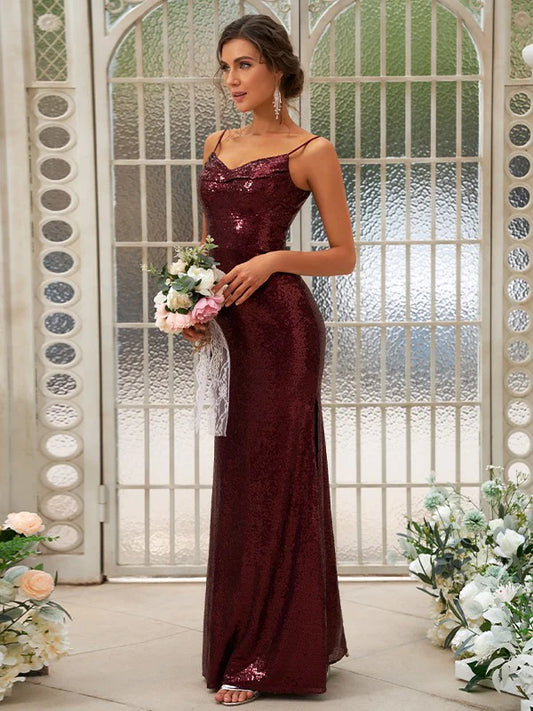 Sequins Ruched Spaghetti Straps Sleeveless Floor-Length Bridesmaid Dresses