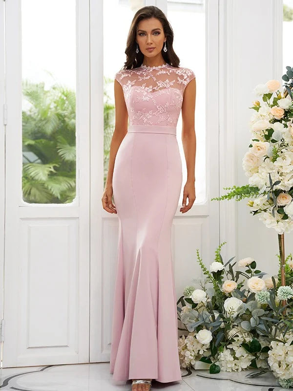 Applique High Neck Sleeveless Floor-Length Bridesmaid Dresses