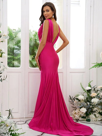 Jersey V-neck Sleeveless Bridesmaid Dresses