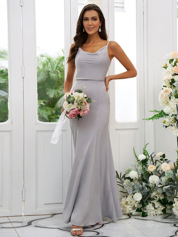 Charmeuse Ruffles Square Sleeveless Floor-Length Bridesmaid Dresses