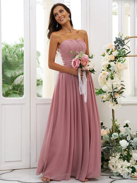 A-Line Princess Chiffon Ruffles Strapless Sleeveless Floor-Length Bridesmaid Dresses