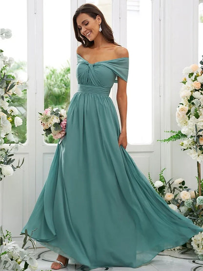 A-Line Princess Chiffon Ruched Off-the-Shoulder Sleeveless Floor-Length Bridesmaid Dresses