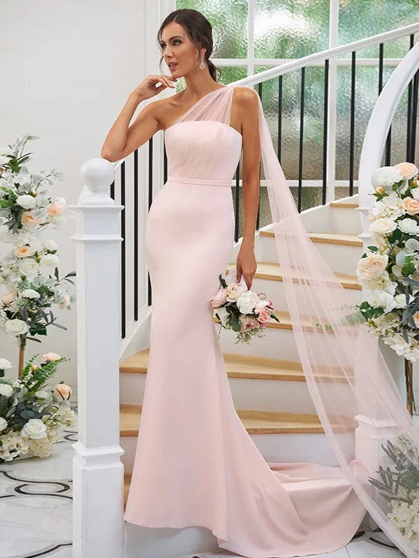 Ruched One-Shoulder Sleeveless Bridesmaid Dresses