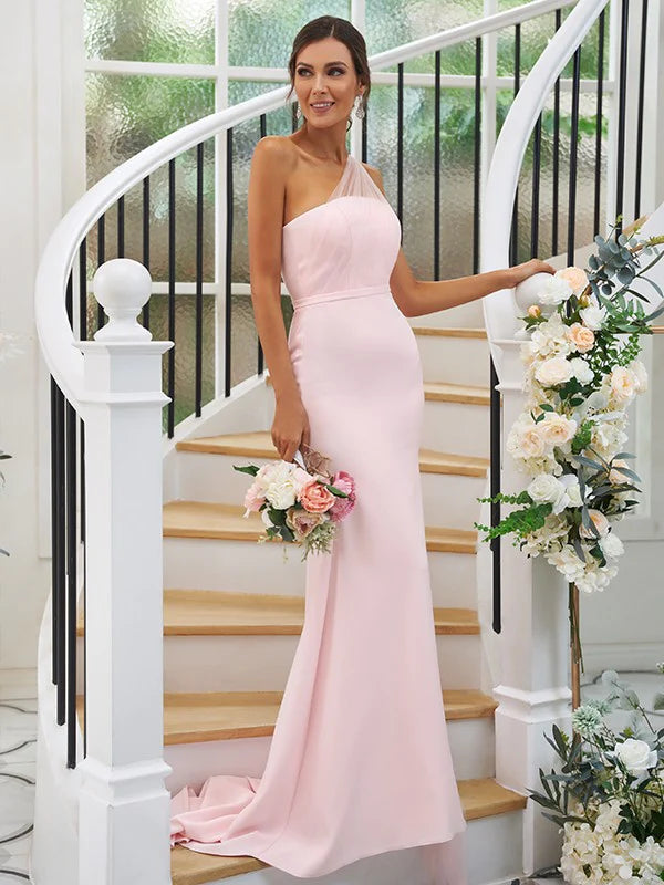 Ruched One-Shoulder Sleeveless Bridesmaid Dresses