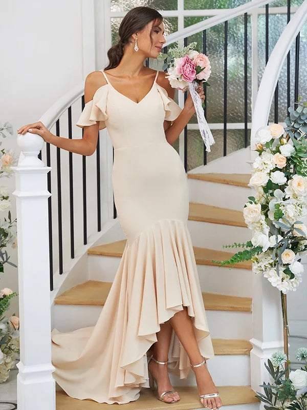 Jersey Ruffles Sleeveless Asymmetrical Bridesmaid Dresses