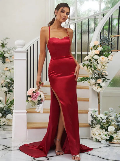 Woven Satin Ruched Square Sleeveless Bridesmaid Dresses