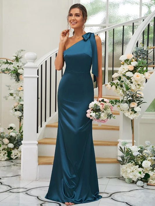 Silk like Satin Bowknot One-Shoulder Sleeveless Floor-Length Bridesmaid Dresses