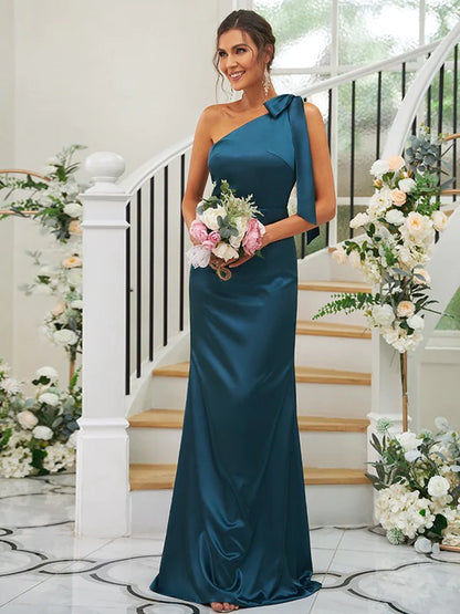 Silk like Satin Bowknot One-Shoulder Sleeveless Floor-Length Bridesmaid Dresses