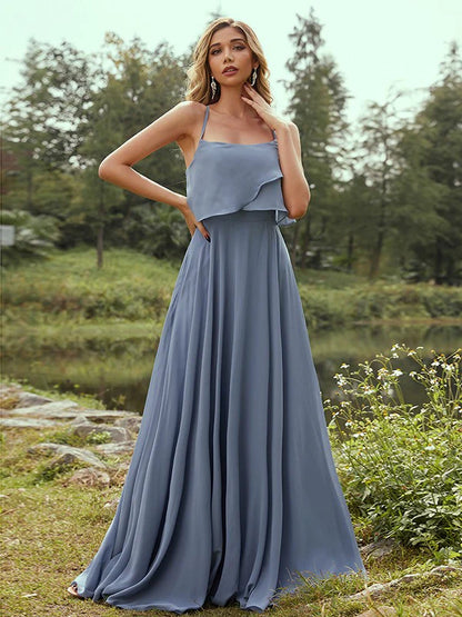 A-Line Princess Chiffon Ruffles Spaghetti Straps Sleeveless Floor-Length Bridesmaid Dresses