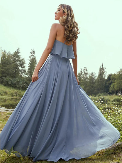 A-Line Princess Chiffon Ruffles Spaghetti Straps Sleeveless Floor-Length Bridesmaid Dresses