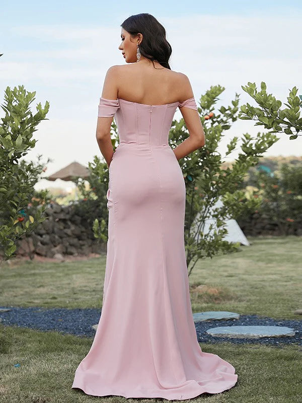 Ruched Off-the-Shoulder Sleeveless Bridesmaid Dresses