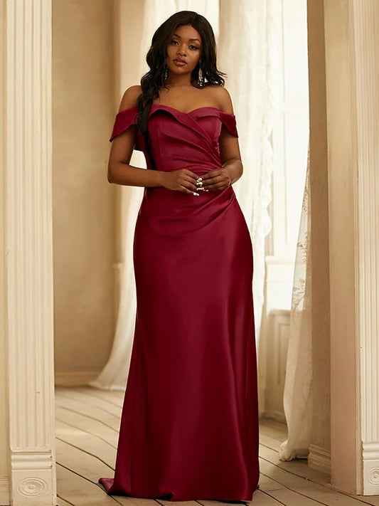 Satin Ruched Off-the-Shoulder Sleeveless Red Bridesmaid Dresses Long