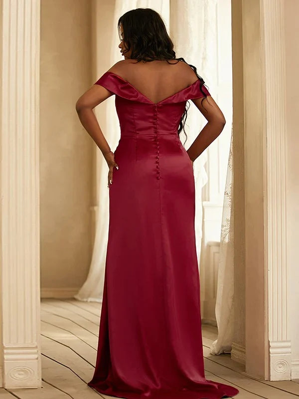 Satin Ruched Off-the-Shoulder Sleeveless Red Bridesmaid Dresses Long