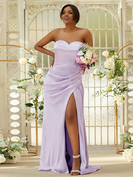 Silk like Satin Ruched Sweetheart Sleeveless purple Bridesmaid Dresses