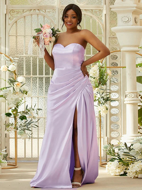 Silk like Satin Ruched Sweetheart Sleeveless purple Bridesmaid Dresses