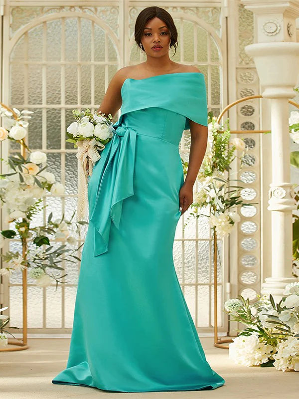 Satin Ruched One-Shoulder Sleeveless Green Bridesmaid Dresses Long