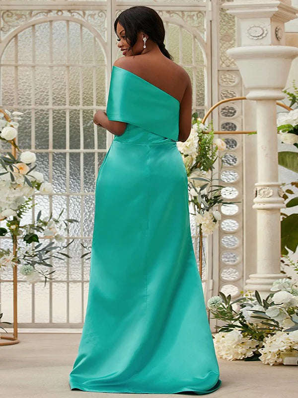 Satin Ruched One-Shoulder Sleeveless Green Bridesmaid Dresses Long