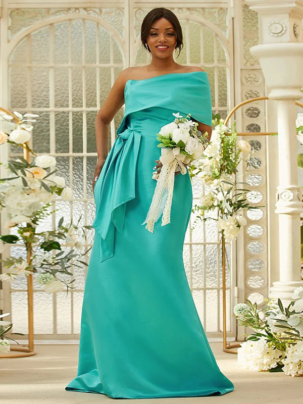 Satin Ruched One-Shoulder Sleeveless Green Bridesmaid Dresses Long