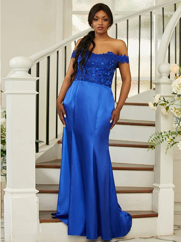 Silk like Satin Applique Off-the-Shoulder Sleeveless Blue Plus Size Bridesmaid Dresses Long