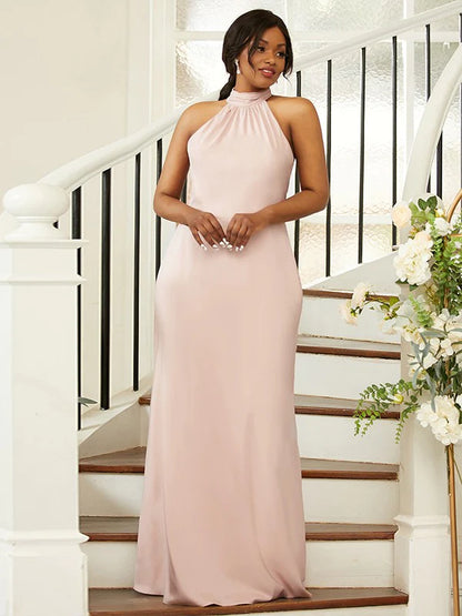 Silk like Satin Ruched Halter Sleeveless Floor-Length  Bridesmaid Dresses