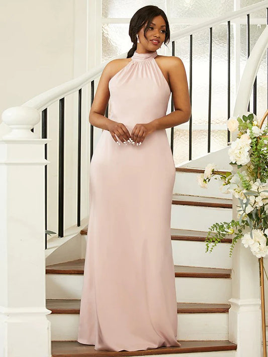 Silk like Satin Ruched Halter Sleeveless Floor-Length  Bridesmaid Dresses