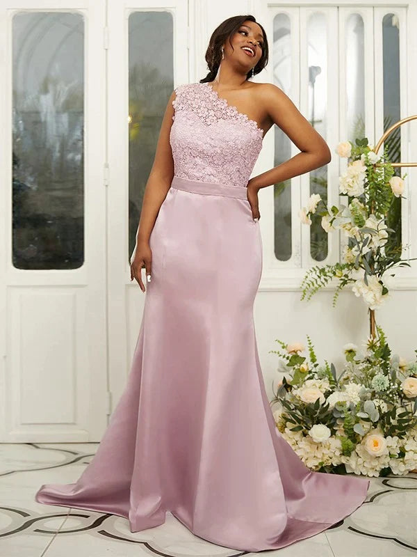 Satin Lace One-Shoulder Sleeveless Plus Size Bridesmaid Dresses