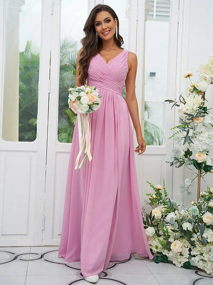 A-Line Princess Chiffon Ruffles V-neck Sleeveless Floor-Length Bridesmaid Dresses