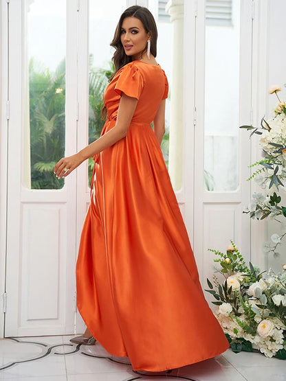 A-Line Princess Silk like Satin Ruched V-neck Short Sleeves Floor-Length Bridesmaid Dresses