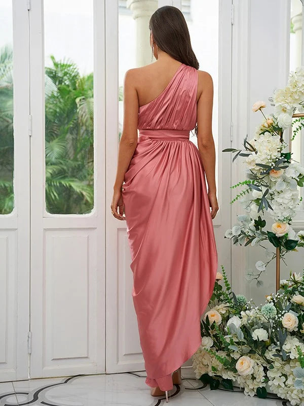 A-Line Princess Ruffles One-Shoulder Sleeveless Ankle-Length Bridesmaid Dresses