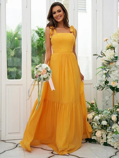 A-Line Princess Chiffon Ruffles Straps Sleeveless Floor-Length Bridesmaid Dresses