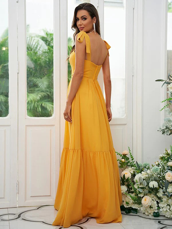 A-Line Princess Chiffon Ruffles Straps Sleeveless Floor-Length Bridesmaid Dresses