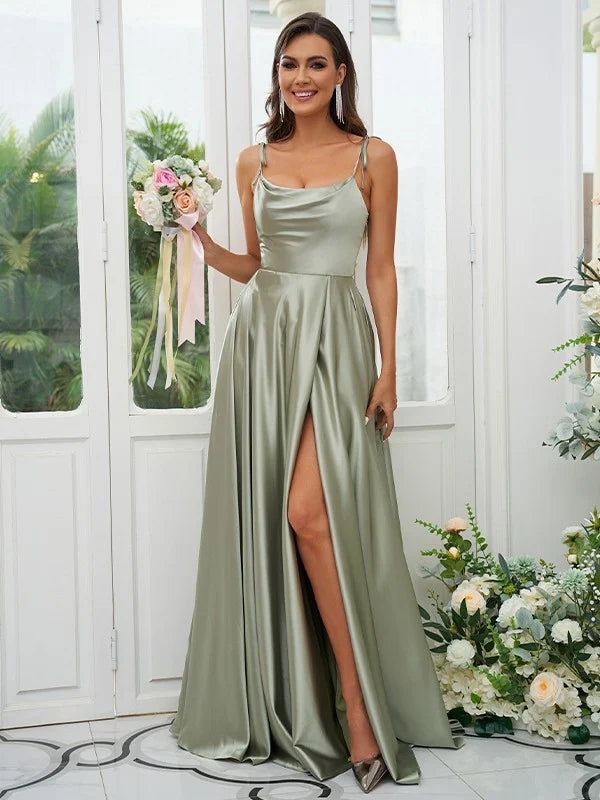 A-Line Princess Silk like Satin Ruffles Spaghetti Straps Sleeveless Bridesmaid Dresses