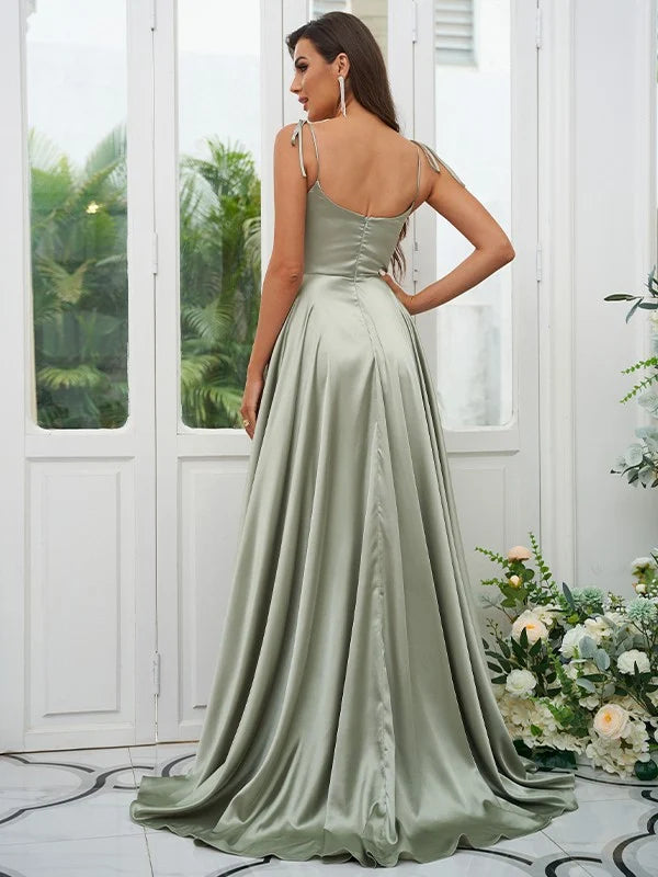 A-Line Princess Silk like Satin Ruffles Spaghetti Straps Sleeveless Bridesmaid Dresses